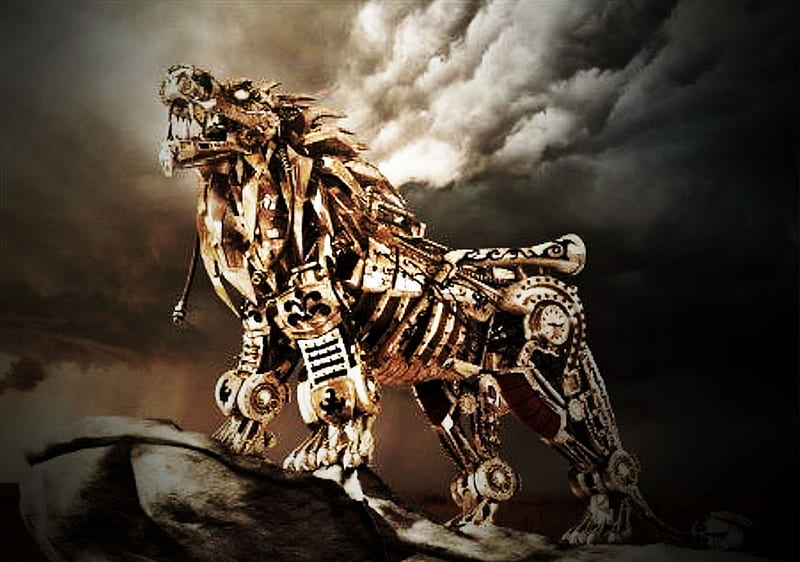 Steampunk Golden Lion, color on black, Zazzle, steampunk, album, HD wallpaper