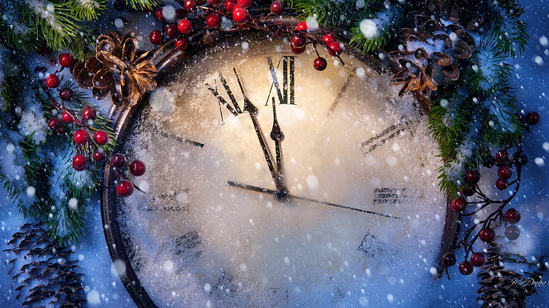 Time for Winter, time, New Year, clock, winter, pine cones, snow, berries, fir, Firefox Persona theme, HD wallpaper