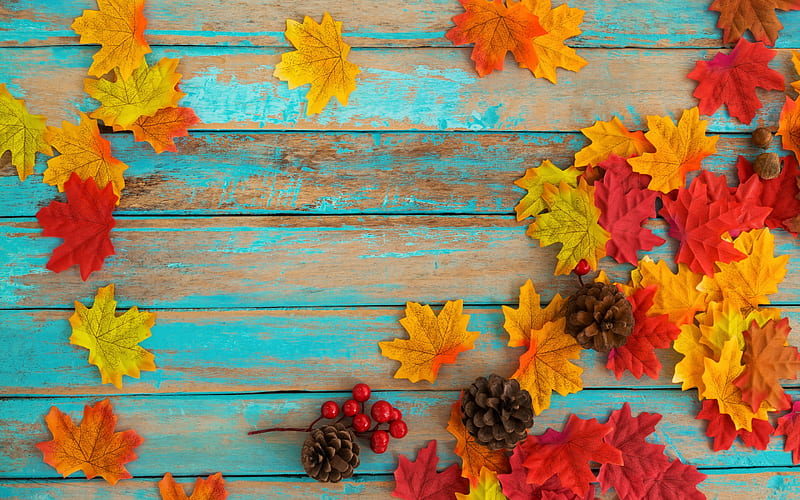 autumn yellow leaves, blue boards, wooden background, autumn concepts, red leaves, HD wallpaper