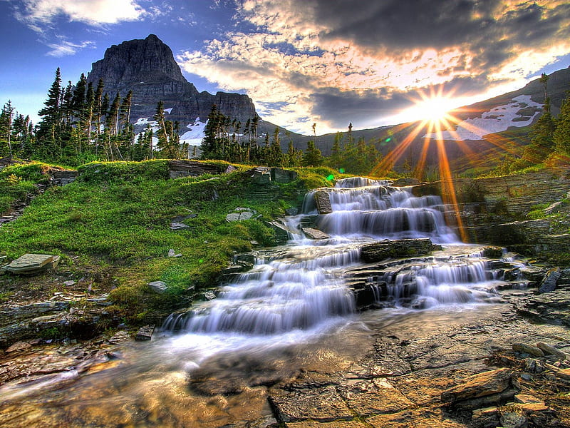 Nature, Sun, Waterfalls, Mountain, Waterfall, Sunrise, Earth, Stone, Stream, HD wallpaper