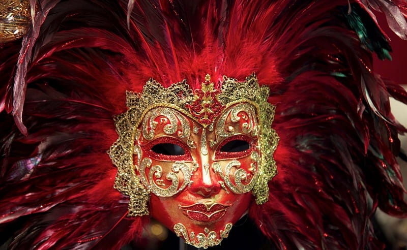 Mask, red, masquerade, golden, face, HD wallpaper