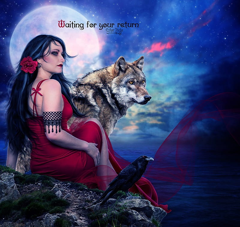 Red, moon, frumusete, girl, luminos, lup, estherpucheart, wolf, fantasy ...