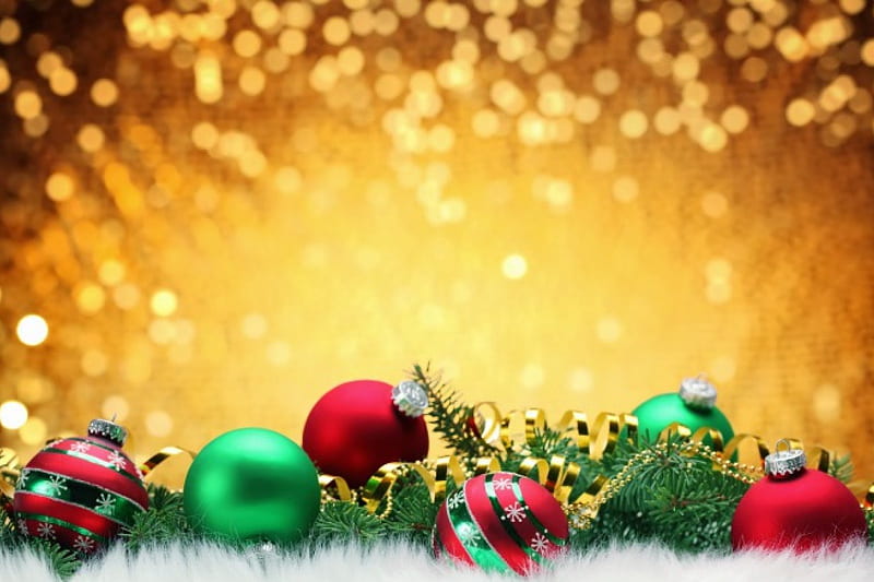 Golden Christmas, Christmas, ornaments, red, gold, balls, green, Holiday, ribbons, HD wallpaper