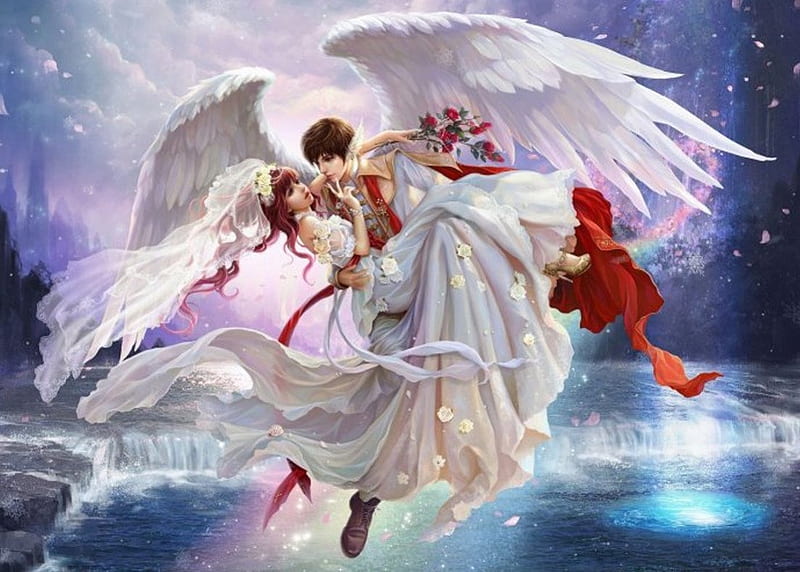 Angelic Romance, pretty, magic, wing, sweet, floral, gorgoeus, nice, fantasy, groom, love, feather, waterfall, beauty, lossom, wings, romance, sky, gown dress, water, white, float, divine, bride, bride nad groom, bonito, elegant, blossom, light, wed, couple, cloud, romantic, angel, wedding, flower, petals, HD wallpaper