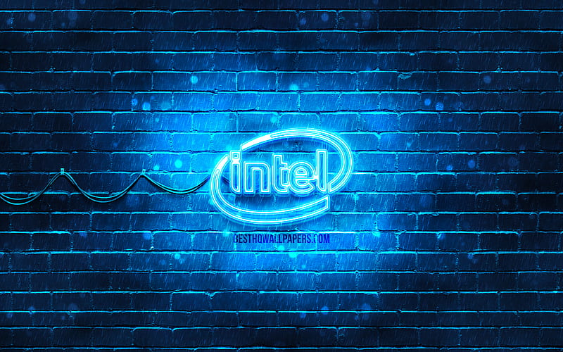 Intel blue logo blue brickwall, Intel logo, brands, Intel neon logo, Intel, HD wallpaper
