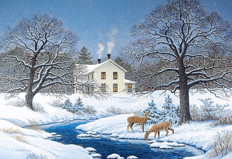 :), blue, winter, river, art, house, john sloane, painting, iarna, deer, pictura, snow, water, HD wallpaper
