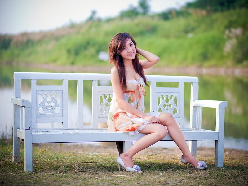 Pretty Asian, girl, model, bench, asian, sitting, beauty, HD wallpaper |  Peakpx