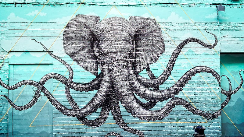 Grafitti, ooctopus, elephant, wall, garry knight, blue, HD wallpaper