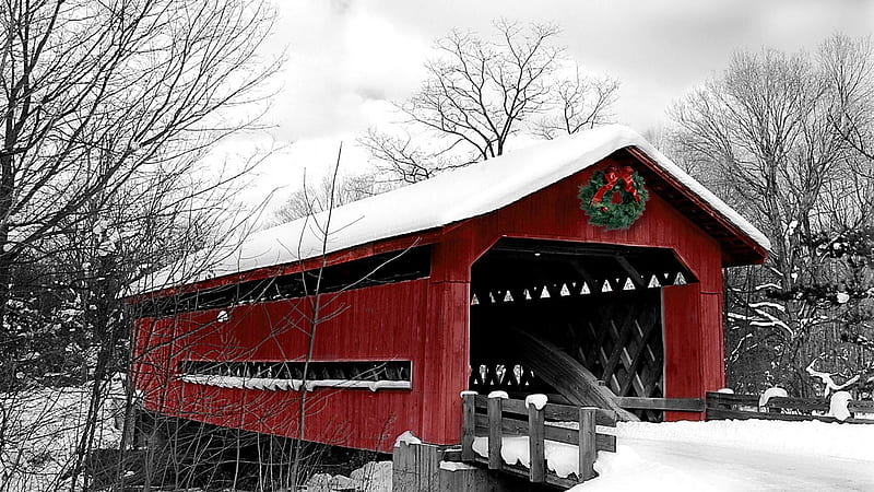 Bridges, Covered Bridge, Snow, Wreath, HD wallpaper