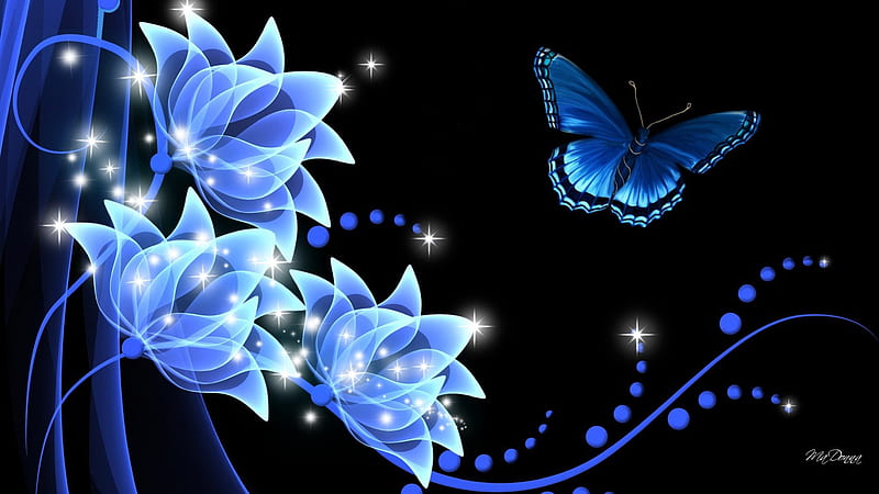 Blue Rhapsody, stars, flowers, glow, shine, abstract, butterfly, dark, papillon, flowers, blue, HD wallpaper