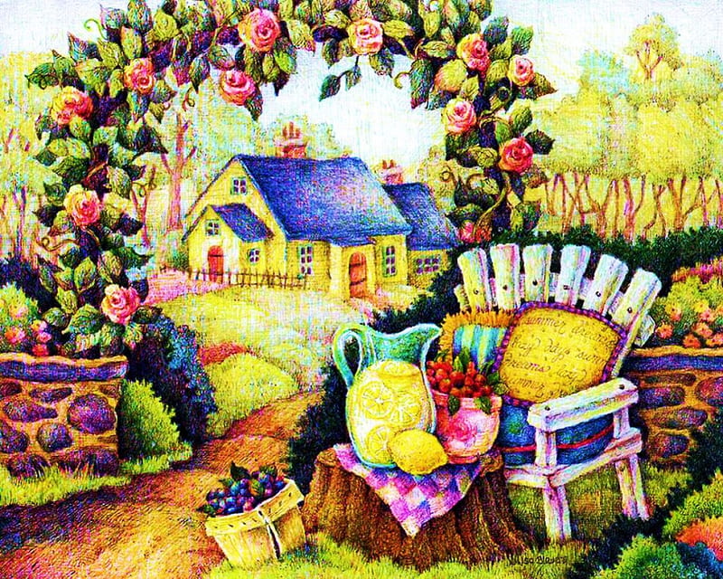 Summer Dreams, rosebow, cottage, roses, artwork, painting, blossoms, path, garden, chair, cushion, HD wallpaper