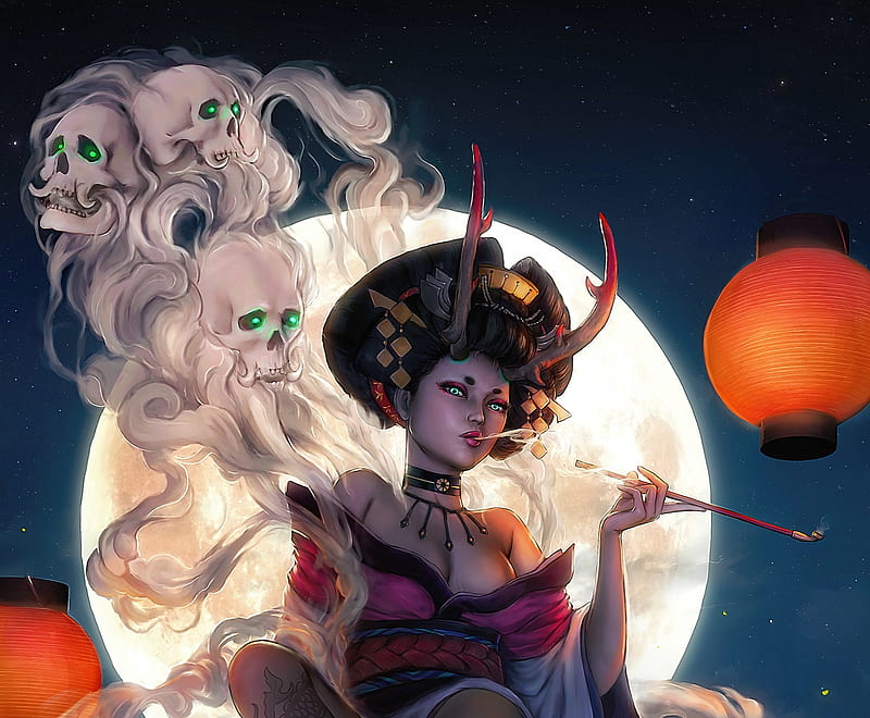 Shikigami Enma, orange, moon, lantern, spirit, moon, girl, asian, grafik, onmyoji, white, blue, HD wallpaper
