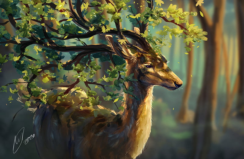 Nature deer, art, fantasy, caprioara, luminos, minea juntura, nature, deer, horns, forest, HD wallpaper