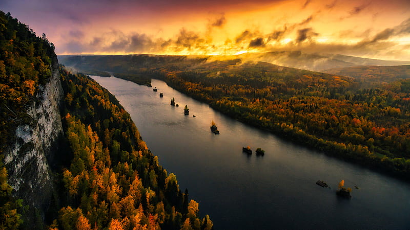 River And Forest Sunset Drone View, HD wallpaper