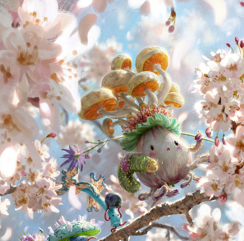 Saproling, sakura, luminos, mushroom, cherry blossom, cute, fantasy, sprink, johannes voss, flower, pink, creature, HD wallpaper