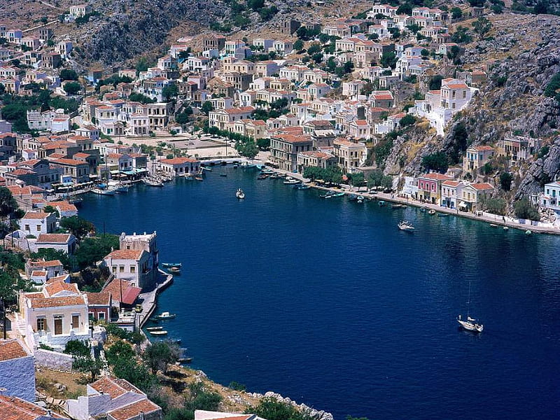 Simi-Greece, greece, house, view, houses, island, sea, blue, HD wallpaper
