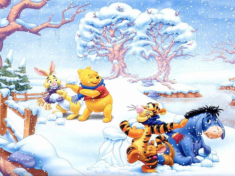 Winnie the pooh and Snowball fight:, eeyore, white, pink, blue, HD wallpaper