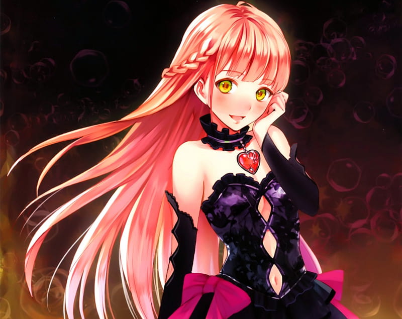 Am I Pretty :), dress, divine, cg, bonito, elegant, sweet, anime, love, hot, beauty, anime girl, realistic, long hair, gorgeous, locket, female, lovely, necklace, ribbon, gown, smile, sexy, yellow eyes, abstract, braids, happy, cute, 3d, girl, heart, orange hair, HD wallpaper