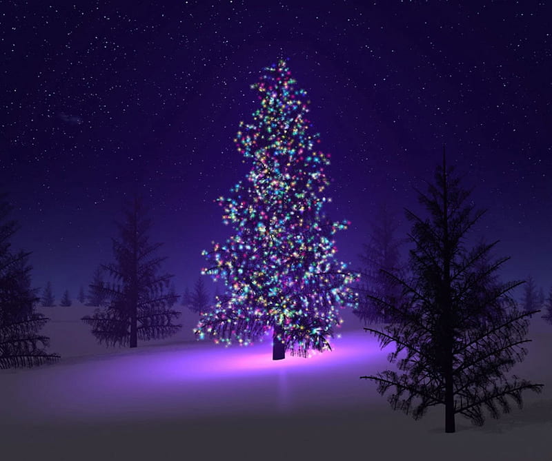 Christmas Tree, lights, neon, night, snow, HD wallpaper