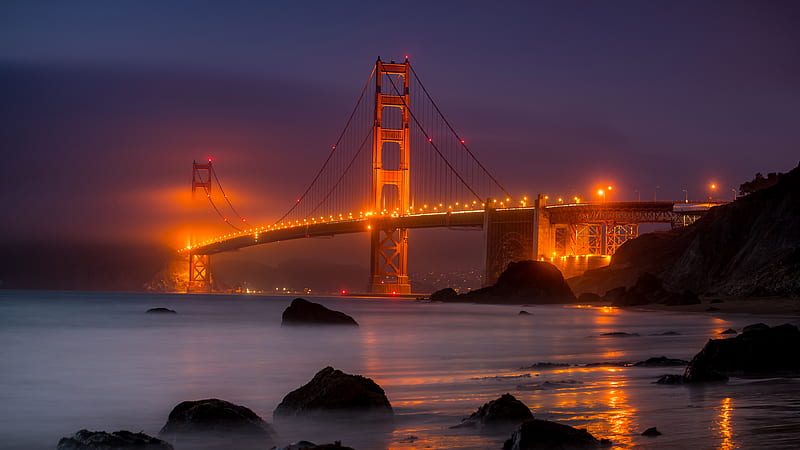 golden gate bridge, california, night, lights, scenery, united states, City, HD wallpaper