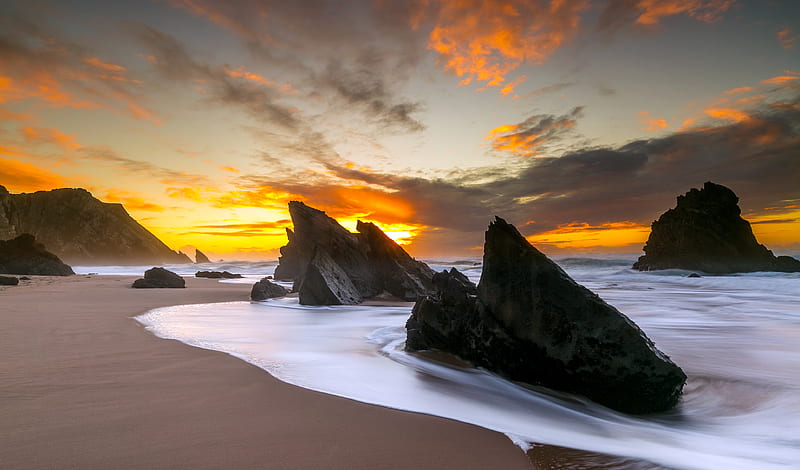 Large Rocks On Beach Shore, rocks, beach, shore, nature, dusk, dawn, sunrise, sunset, HD wallpaper