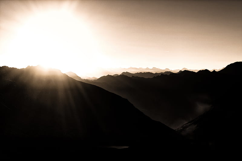 Mountains During Sunrise, mountains, nature, sunrise, monochrome, black-and-white, HD wallpaper