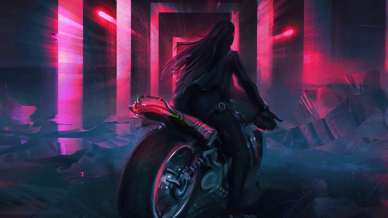 Girl on motorcycle, fantasy, fedos, girl, black, bike, silhouette, pink, motorcycle, HD wallpaper