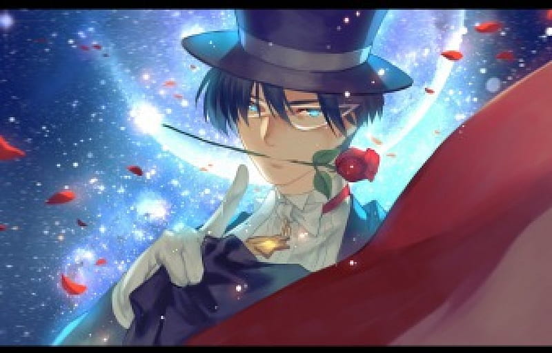 Tuxedo Kamen, cg, sparks, magic, floral, red rose, anime, cape, handsome, sailor moon, beauty, short hair, cool, tuxedo, awesome, mamoru, mamoru chiba, red glow, rose, guy, darren, bonito, mantle, moon, blossom, prince endymion, blue eyes, light, black hair, sailormoon, gorgeous, male, glowing, hat, boy, flower, magical, petals, mask, HD wallpaper