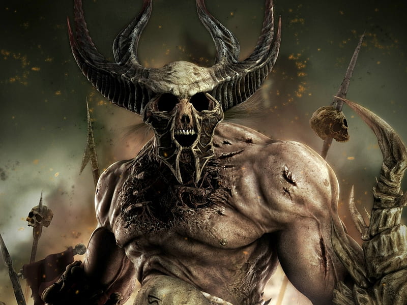 demon warrior, skulls, spears, bones, horns, HD wallpaper