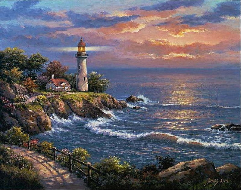 By Sung Kim, beach, art, Sung Kim, h, sunset, lighthouse, HD wallpaper
