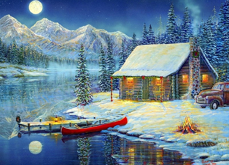 Cozy Christmas, moons, Christmas, lakes, holidays, New Year, love four seasons, canoe, attractions in dreams, christmas trees, xmas and new year, winter, fire, paintings, snow, cabins, HD wallpaper
