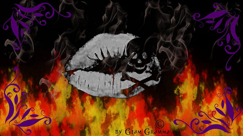 Kiss of Death, flame, tribal, background, lips, skull, fleames, kiss, HD wallpaper