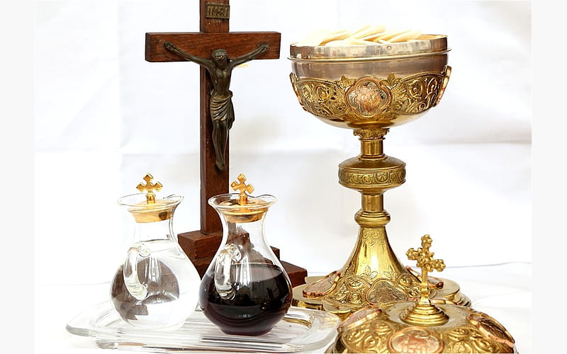 Eucharist, wine, glass, crucifix, goblet, bread, gold, HD wallpaper