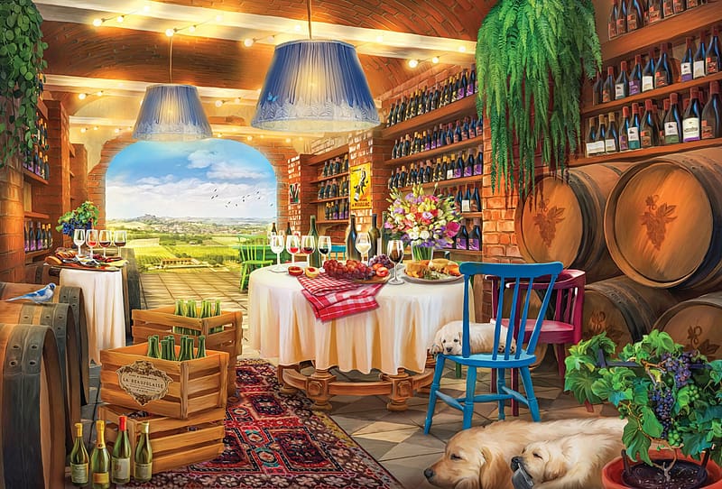 Winery, window, digital, artwork, room, table, barrels, HD wallpaper