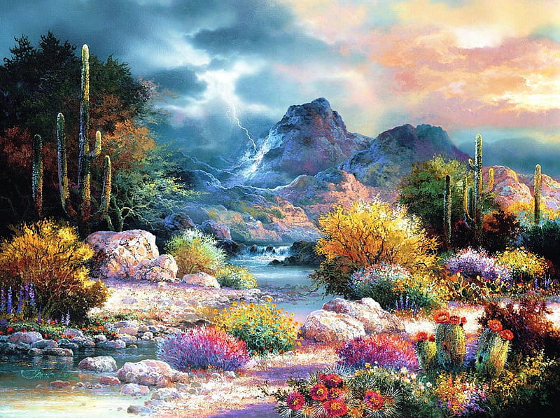 Springtime Creek, water, desert, mountains, plants, flowers, artwork, HD wallpaper