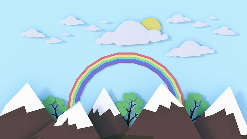 Cartoon, Landscape, Rainbow, Mountain, Artistic, Low Poly, HD wallpaper