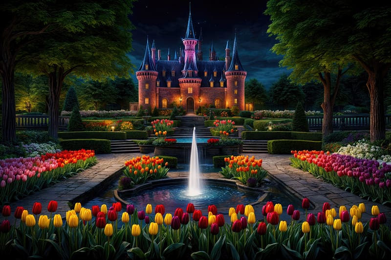 Garden and castle at nighttime, spring, night, park, castle, summer, fountain, romantic, beautiful, evening, flowers, colorful, tulips, HD wallpaper