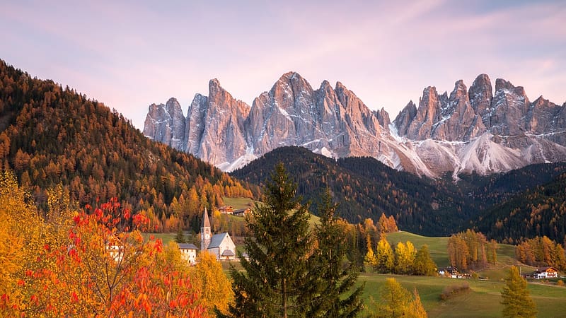 Autumn in the Dolomites, Italy, fall, clouds, landscape, trees, colors, sky, church, village, HD wallpaper