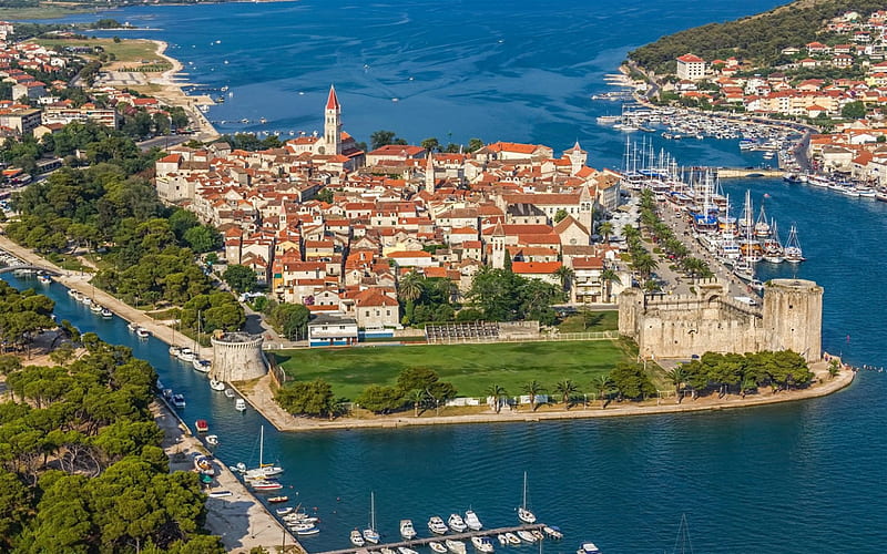 Trogir, cityscape, top view, summer, Adriatic sea, resorts, Croatia, HD wallpaper