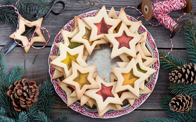 Holiday Sweets, stars, christmas, holiday, food, biscuits, sweet, dessert, cookies, jam, pine, HD wallpaper