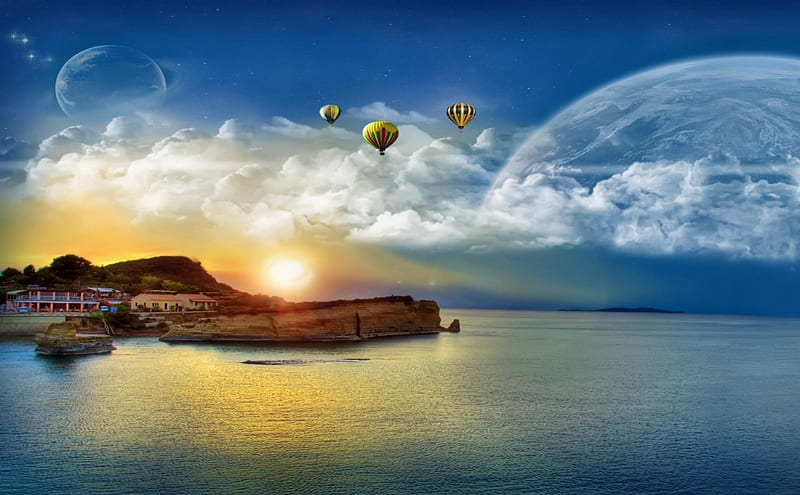 Hot Air Balloon Ride, hot air balloons, seascape, sky, travel, HD wallpaper