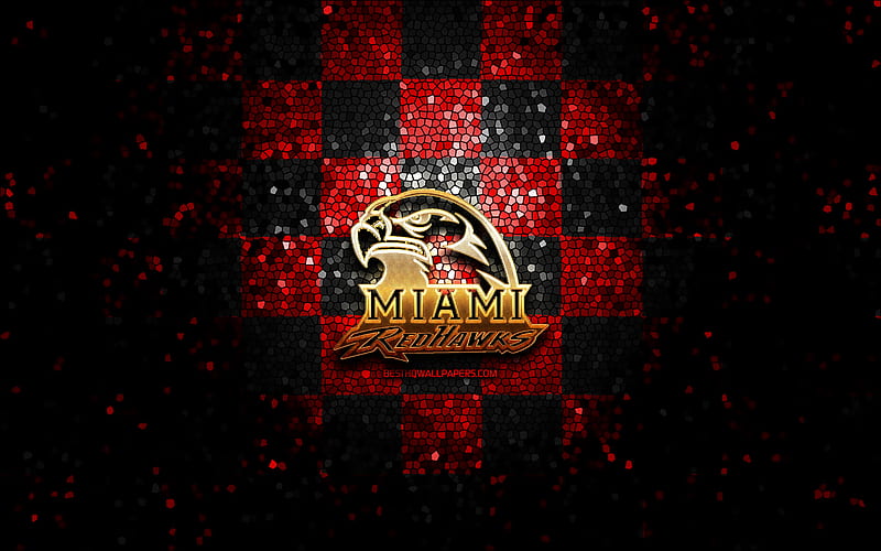 Miami RedHawks, glitter logo, NCAA, red black checkered background, USA, american football team, Miami RedHawks logo, mosaic art, american football, America, HD wallpaper