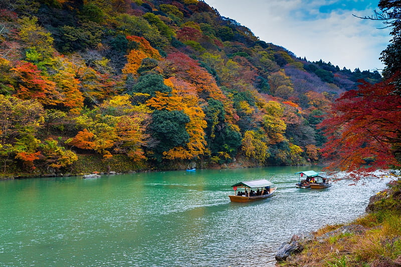 Autumn River near Osaka, japan, hills, fall, boats, water, colors, trees, HD wallpaper