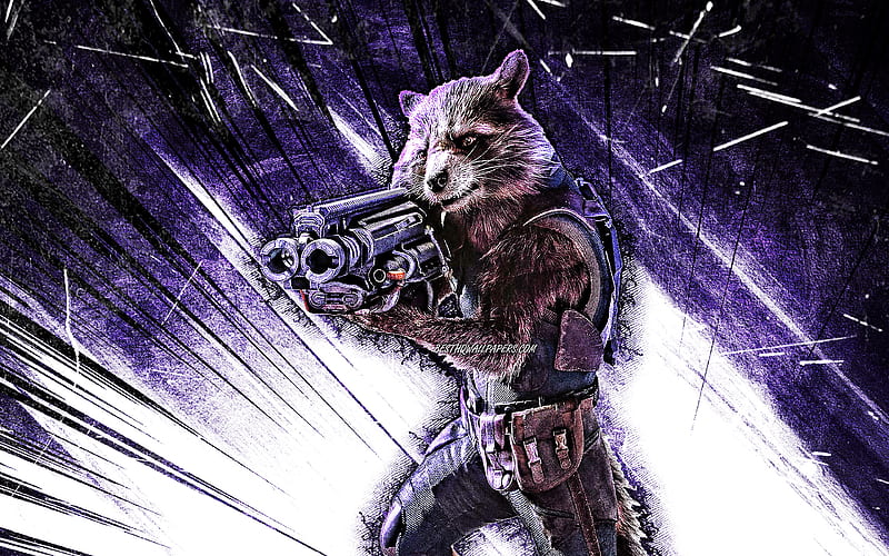 Rocket Raccoon, grunge art, Marvel Comics, superheroes, violet abstract rays, HD wallpaper