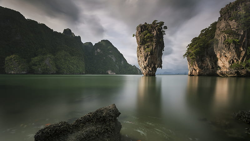 thailand, phang nga bay, rocks, dark weather, trees, Nature, HD wallpaper