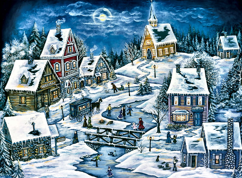 Hidden Mountain Village F, art, houses, bonito, illustration, artwork, winter, mountain, snow, painting, wide screen, four seasons, scenery, landscape, HD wallpaper