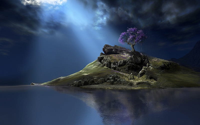 The purple tree, tree, fantasy, water, purple, green, island, blue, HD wallpaper