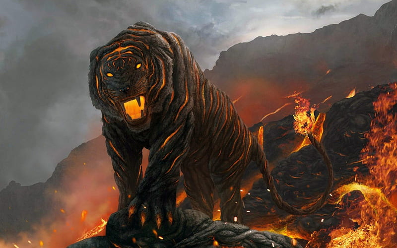 Lava Tiger, fire, fantasy, cool, lava, tiger, CG, HD wallpaper