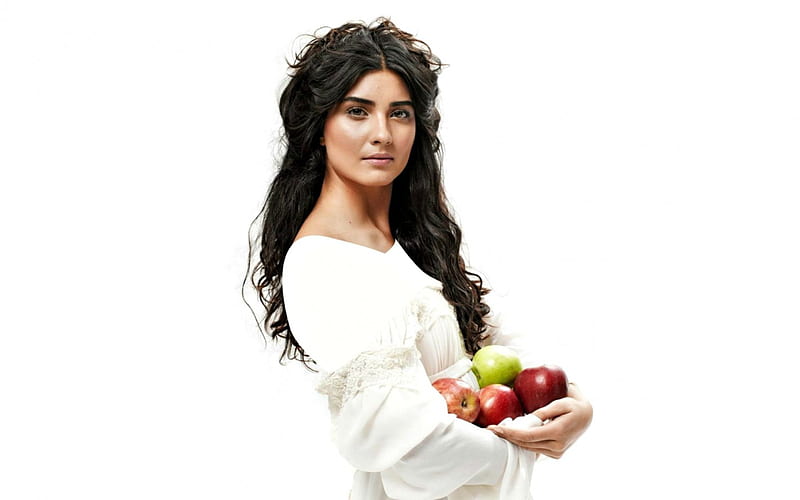 Tuba Buyukustun, apple, woman, brunette, girl, green, actress, turkish, white, HD wallpaper
