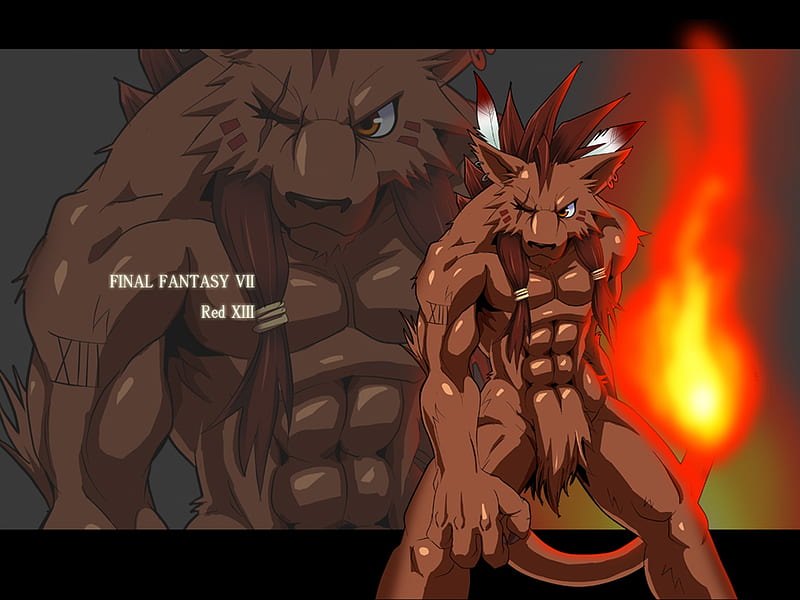 furry muscle, furry, fire, muscle, red xiii, wolf, final fantasy vii, HD wallpaper